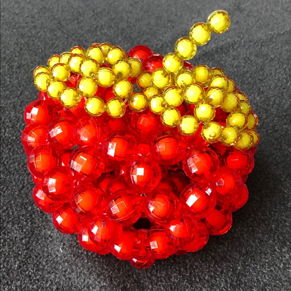 Handmade Large Red Beaded Apple Green Leaf Decor In 6” Diameter 7” In Hight